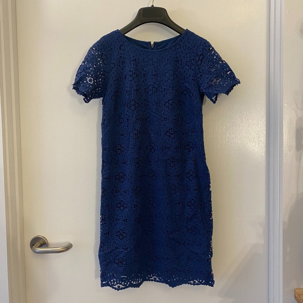 ANN TAYLOR 00P XXS Petite Blue Lace Shift Work Cotton Dress Short Sleeves Lined